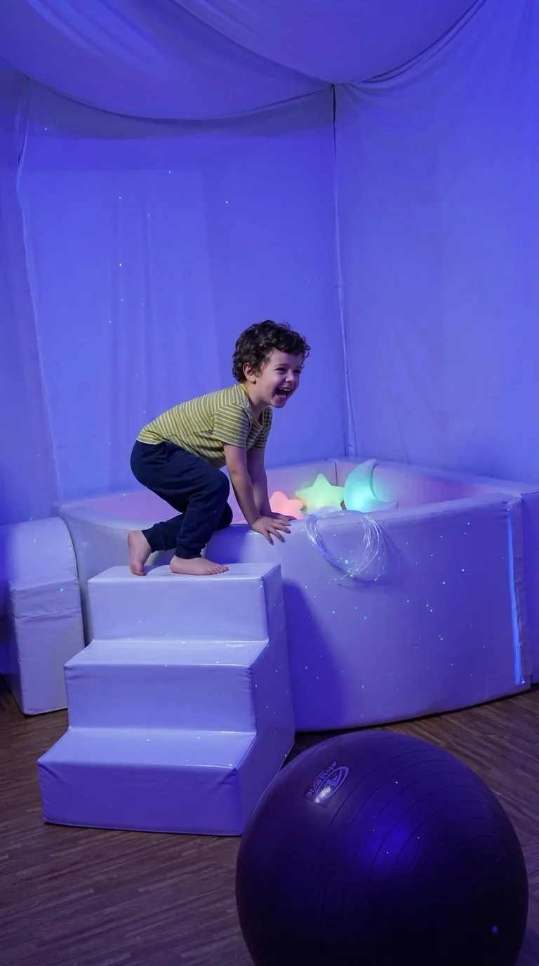 Niño subiendo los escalones hacia la alberca de pelotas