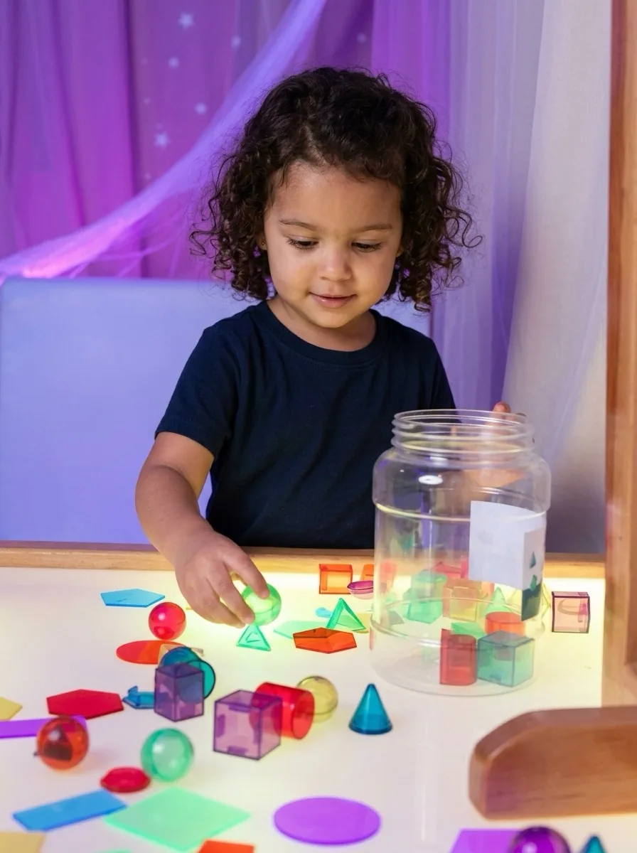 Niña clasificando figuras de colores sobre la mesa de luz