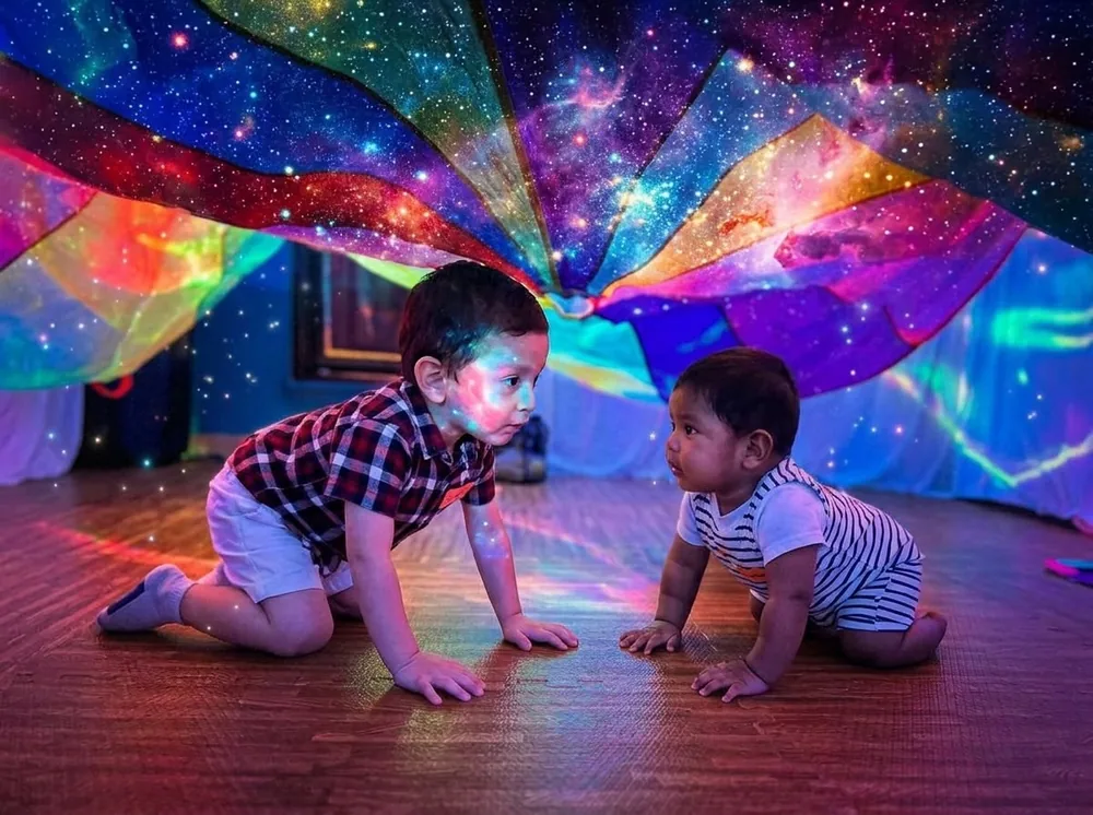 Dos niños explorando bajo un paracaídas sensorial iluminado con estrellas y colores
