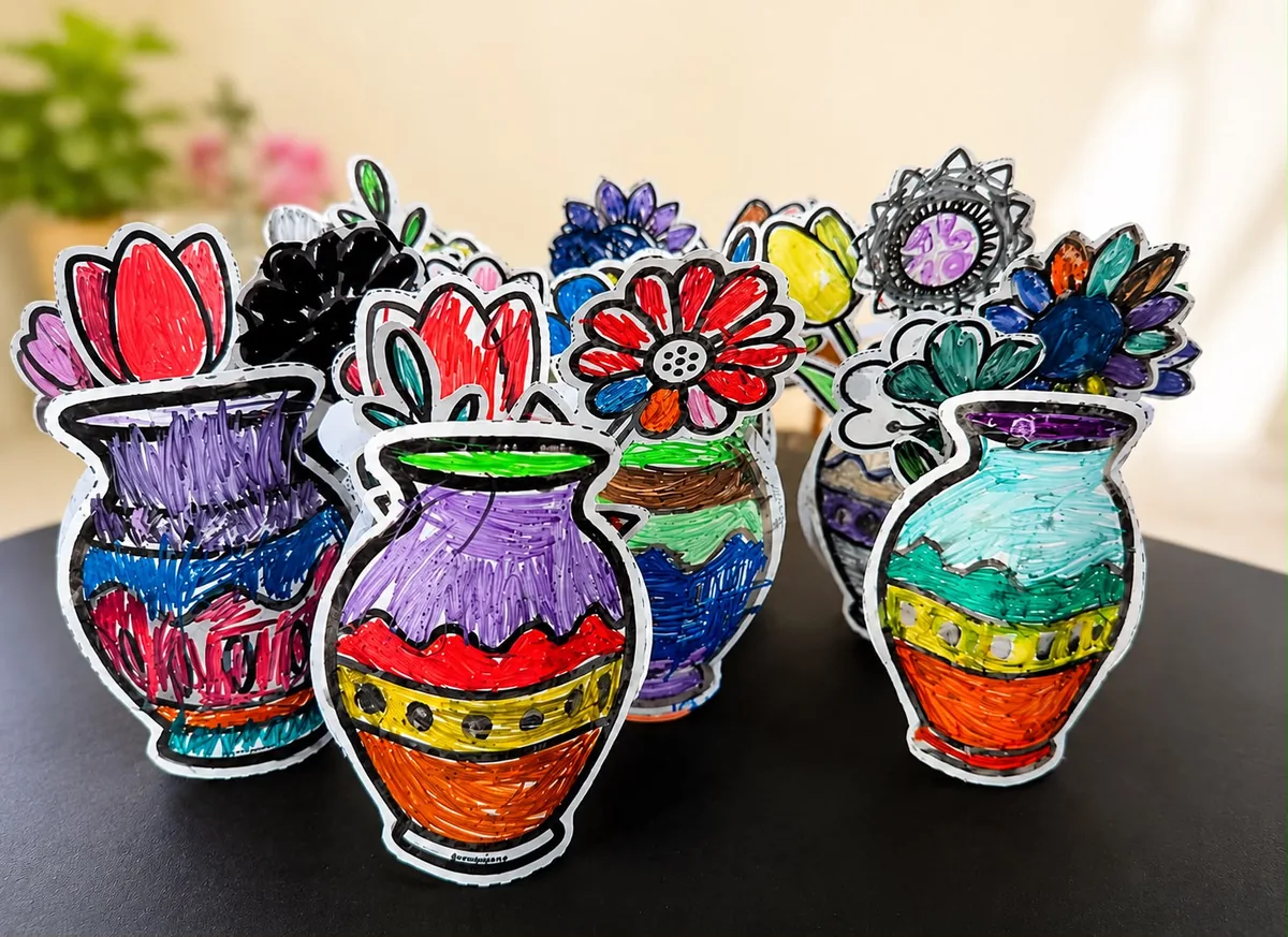 Manualidades de macetas coloreadas por los niños en la sesión de arte
