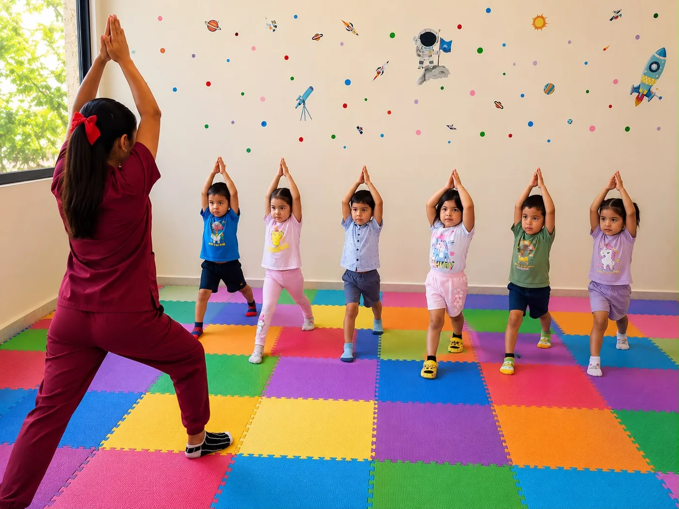 Grupo de niños practicando una postura de yoga con la instructora