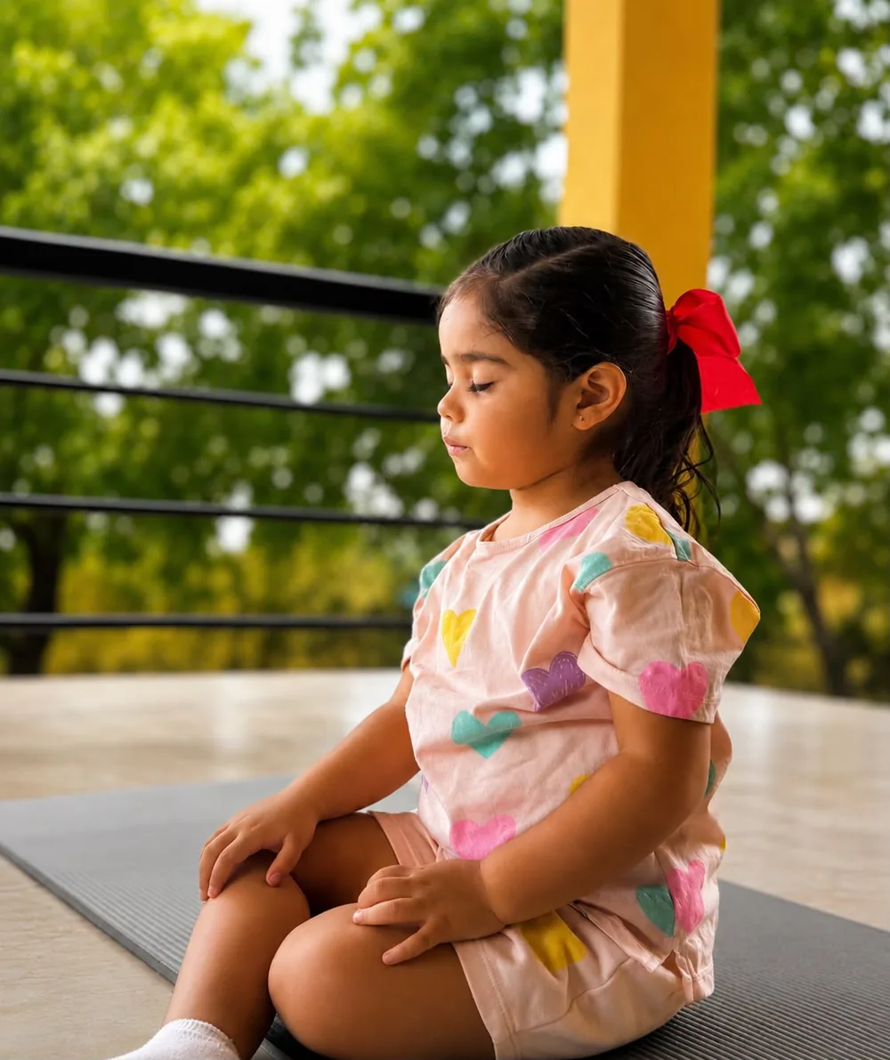 Niña sentada en la colchoneta practicando respiración y calma